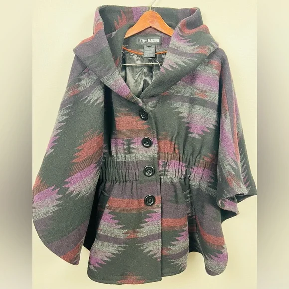 Steve Madden Poncho-Style Jacket – Southwest Geometric Hooded Cape, Size M - Picture 5 of 13